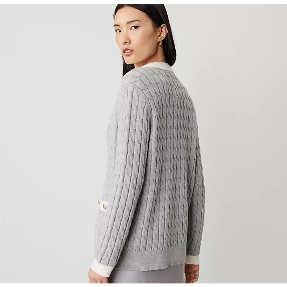 Ann Taylor Womens Cable Contrast Trim Boyfriend Cardigan Size XL Gray White - Picture 3 of 9